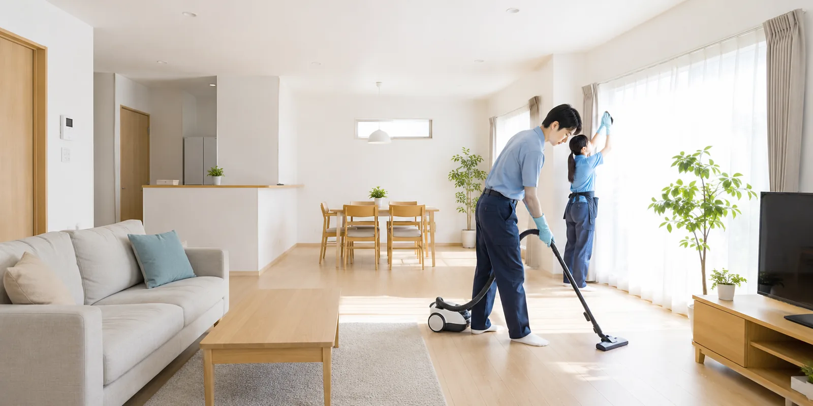 明るいリビングで清掃作業をする2名のスタッフ