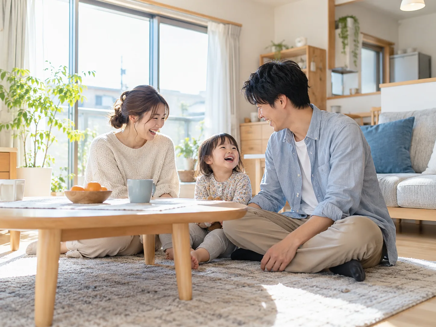 きれいになったリビングでくつろぐ家族